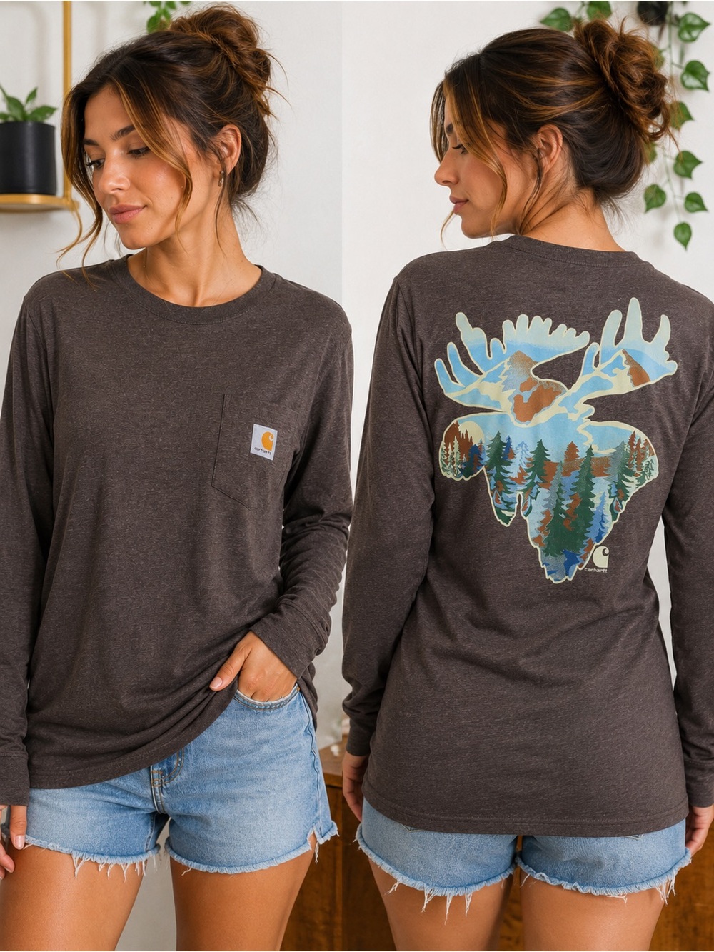 Carhartt Youth XL 18-20 Brown Moose Graphic Long Sleeve Shirt Women’s S/M Fit
